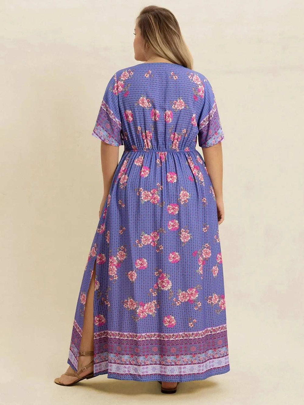 Plus Size Printed V-Neck Flutter Sleeve Dress - Trendsi - Flyclothing LLC