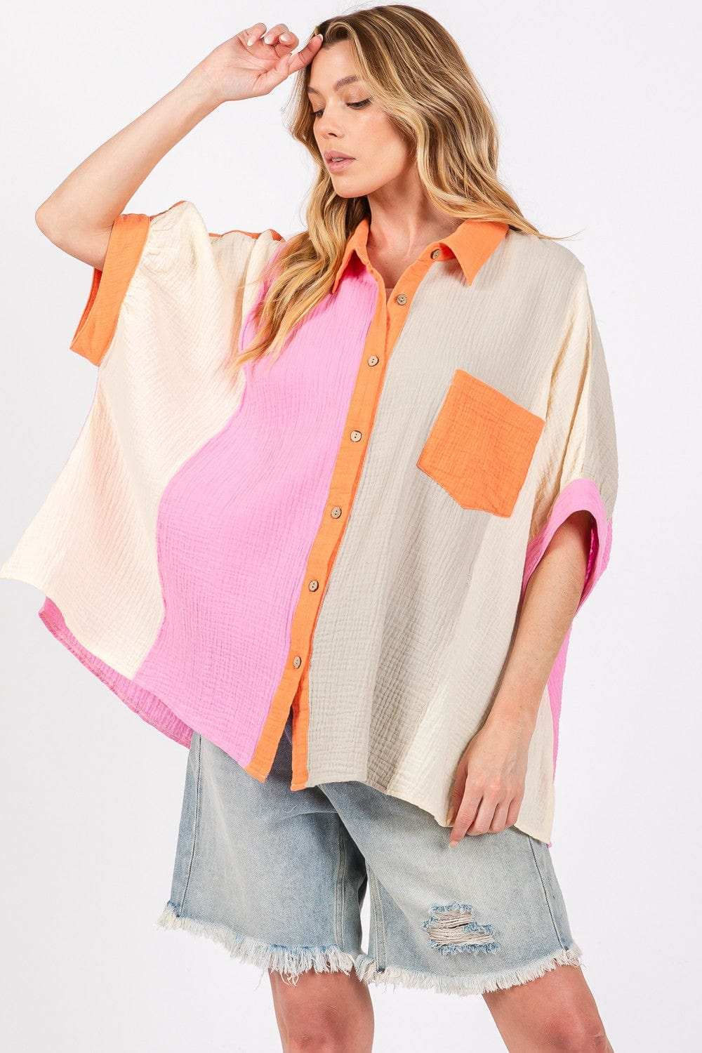 SAGE + FIG Full Size Color Block Button-Down Shirt - Trendsi - Flyclothing LLC