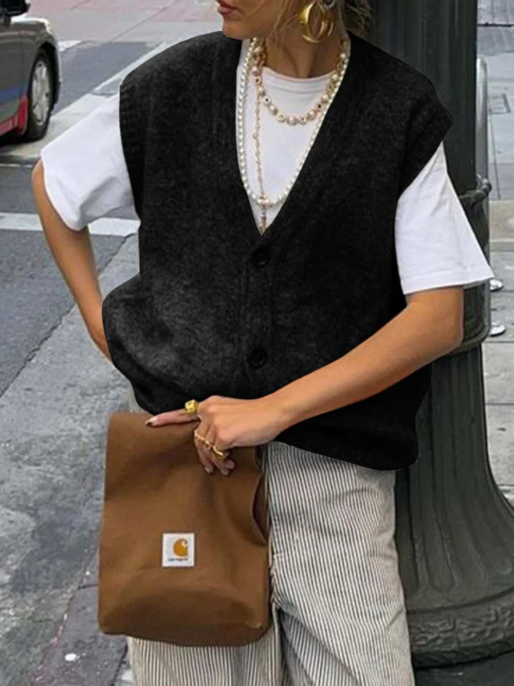 Button-Front Sweater Vest - Trendsi - Flyclothing LLC