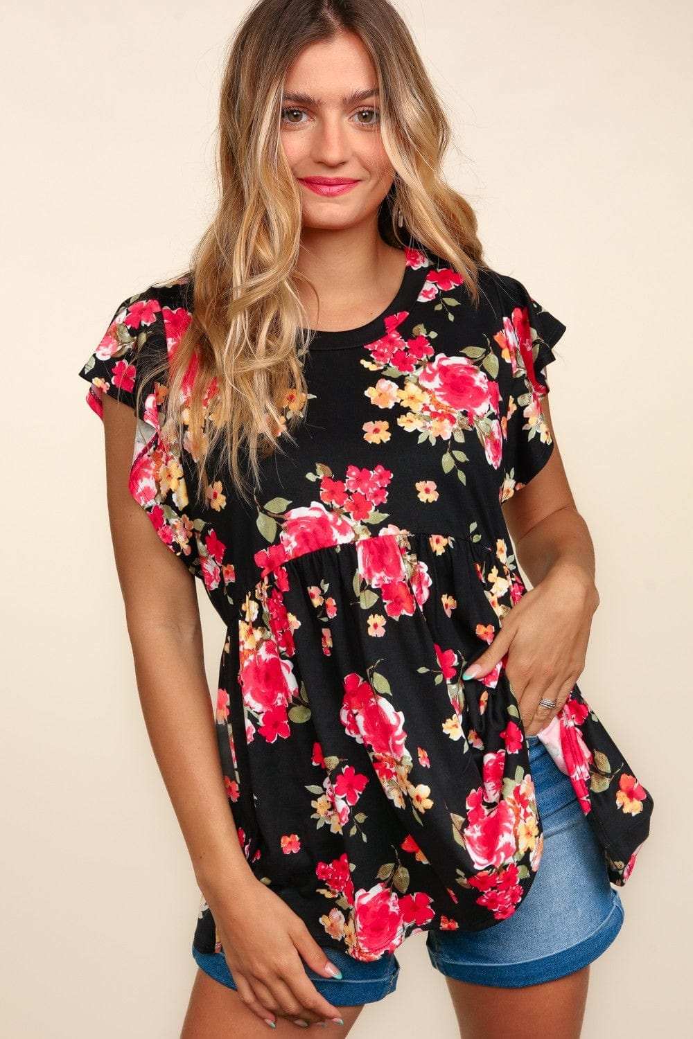 Haptics Floral Ruffle Short Sleeve Babydoll Top - Trendsi - Flyclothing LLC