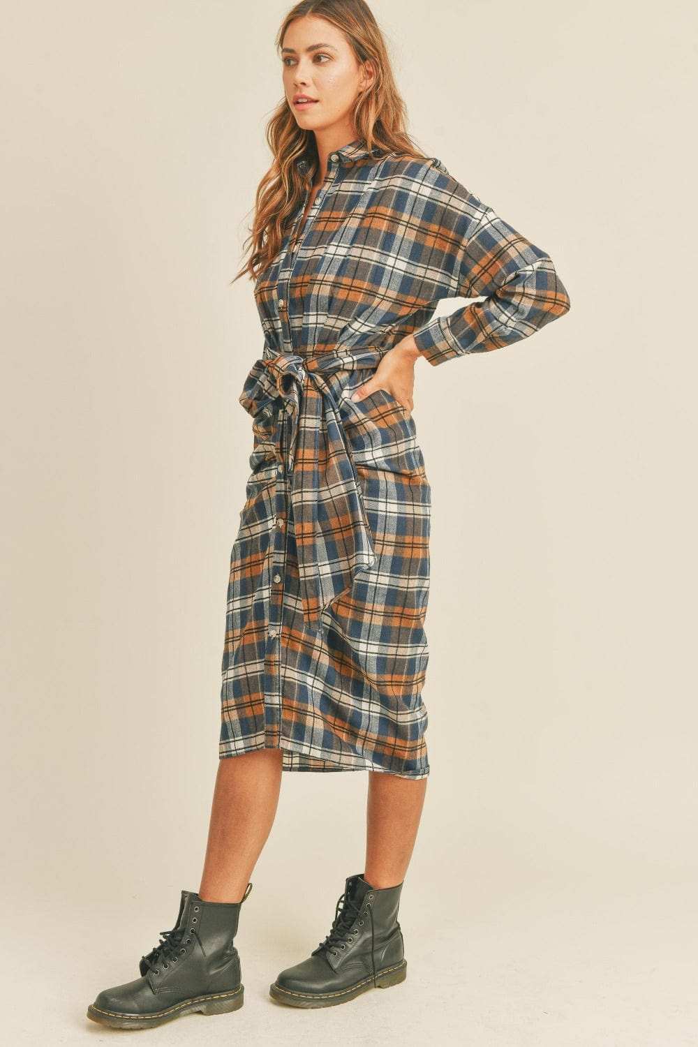 Mable Plaid Flannel Front Tie Button Down Shirt Dress - Trendsi - Flyclothing LLC