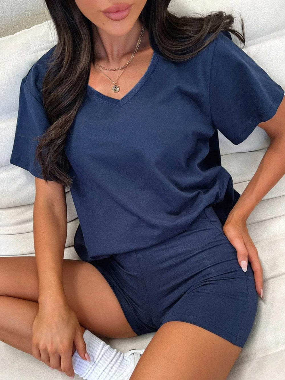 V-Neck T-Shirt and Shorts Set - Trendsi - Flyclothing LLC