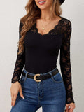 Lace Wavy Hem V-Neck Long Sleeve Top - Trendsi - Flyclothing LLC