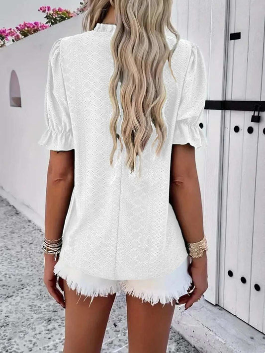 Frill Round Neck Short Sleeve Blouse - Trendsi - Flyclothing LLC