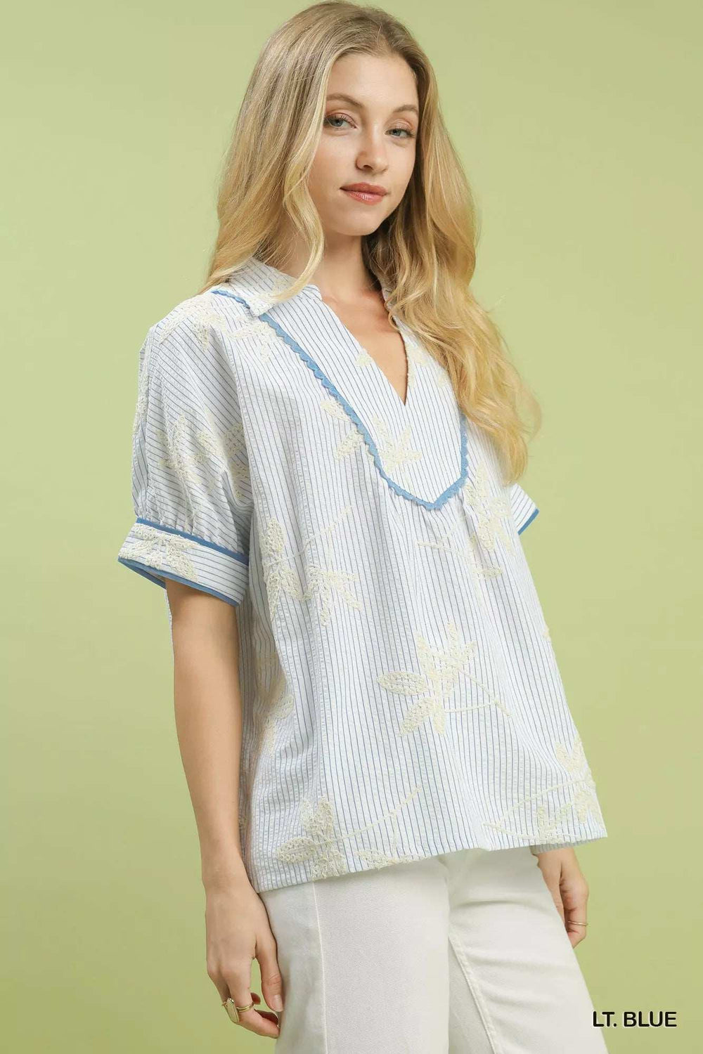 Umgee Striped Embroidered Blouse with Scallop Trim - Trendsi - Flyclothing LLC