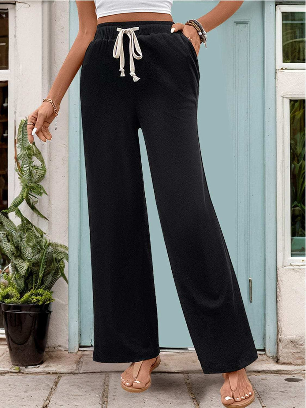 Drawstring High Waist Straight Pants - Trendsi - Flyclothing LLC
