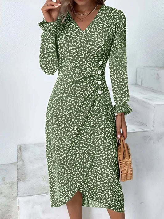 Full Size Printed Surplice Long Sleeve Midi Dress - Trendsi - Flyclothing LLC