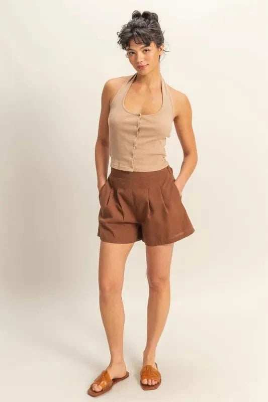 HYFVE Halter Neck Buttoned Washed Top - Trendsi - Flyclothing LLC