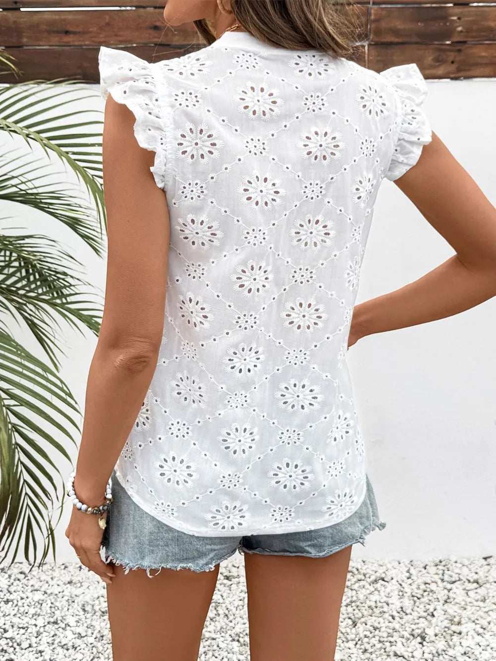 Perfee Eyelet Notched Ruffled Cap Sleeve Blouse - Trendsi - Flyclothing LLC