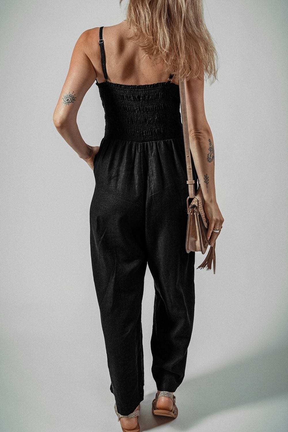 Smocked Spaghetti Straps Wide Leg Jumpsuit - Trendsi - Flyclothing LLC
