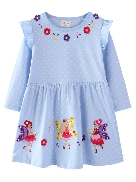 Children's Fairy Embroidered Long Sleeve Polka Dot Dress - Trendsi - Flyclothing LLC