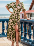 Tied Slit Printed Half Sleeve Midi Dress - Trendsi - Flyclothing LLC