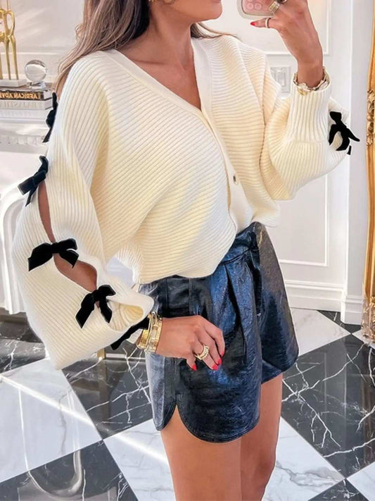 Bow V-Neck Cutout Sleeve Cardigan - Trendsi - Flyclothing LLC