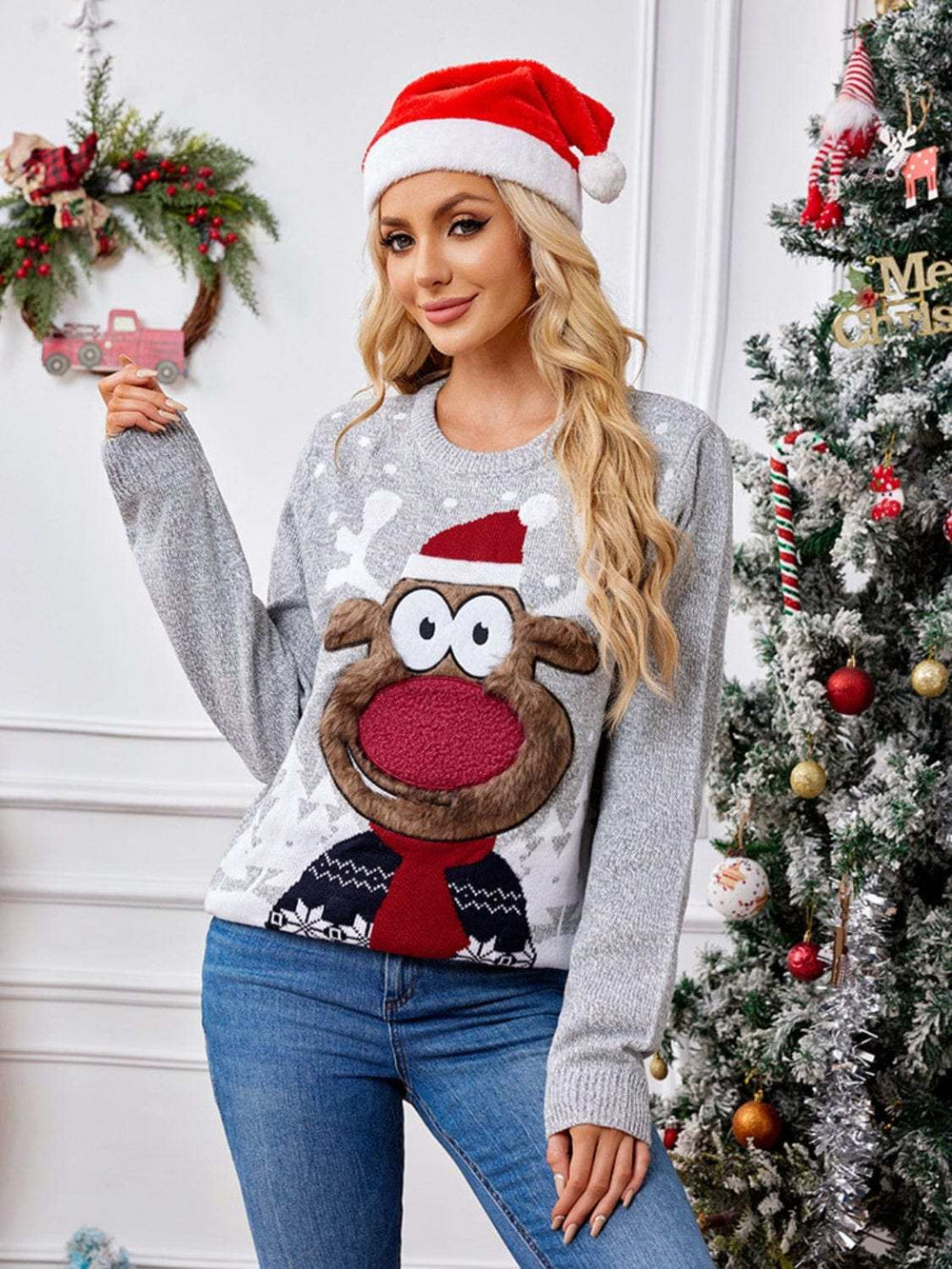 Reindeer Round Neck Long Sleeve Sweater - Trendsi - Flyclothing LLC