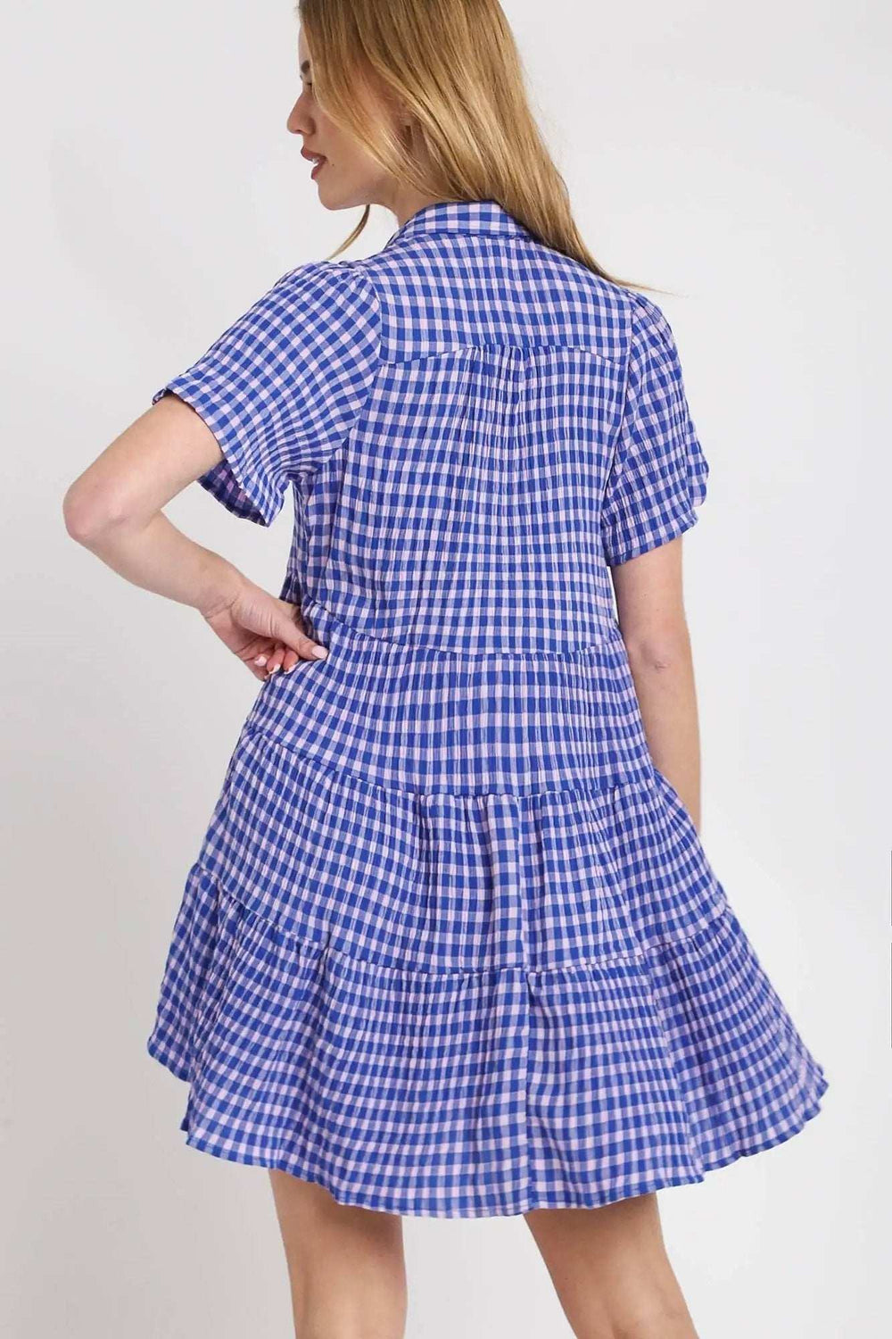 Umgee Full Size Gingham Tiered Button Detail Short Sleeve Dress Plus Size - Trendsi - Flyclothing LLC