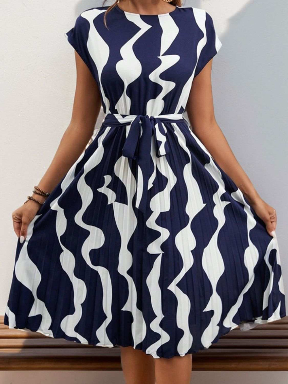 Tied Pleated Printed Cap Sleeve Dress - Trendsi - Flyclothing LLC