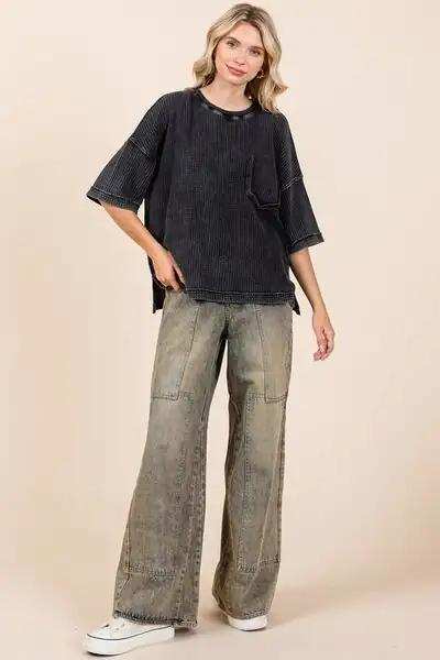 Mittoshop Mineral Wash Waffle Knit Short Sleeve Top - Trendsi - Flyclothing LLC