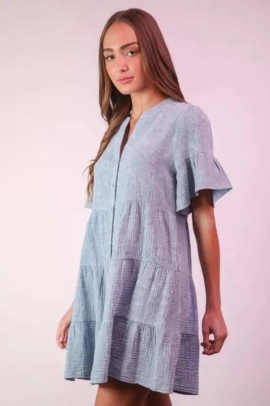 VERY J Mineral Washed Baby Bell Sleeve Woven Mini Dress - Trendsi - Flyclothing LLC