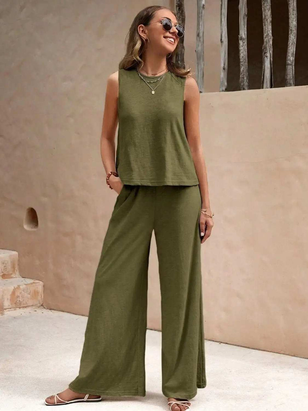 Round Neck Sleeveless Top and Wide Leg Pants Set - Trendsi - Flyclothing LLC