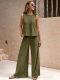 Round Neck Sleeveless Top and Wide Leg Pants Set - Trendsi - Flyclothing LLC