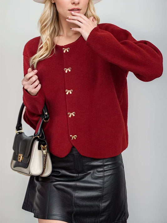 Bow Button Down Round Neck Long Sleeve Cardigan - Trendsi - Flyclothing LLC