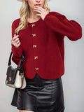 Bow Button Down Round Neck Long Sleeve Cardigan - Trendsi - Flyclothing LLC