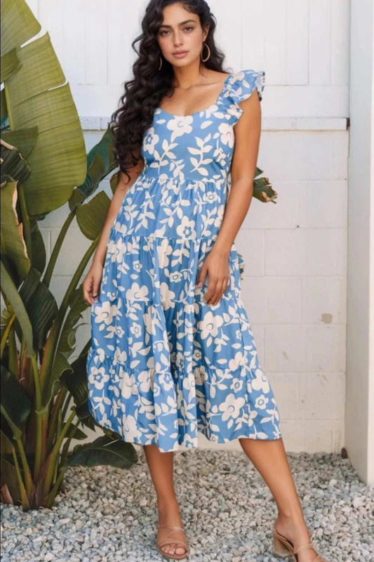 Floral Flutter Shoulder Tiered Flowy Midi Dress - Trendsi - Flyclothing LLC