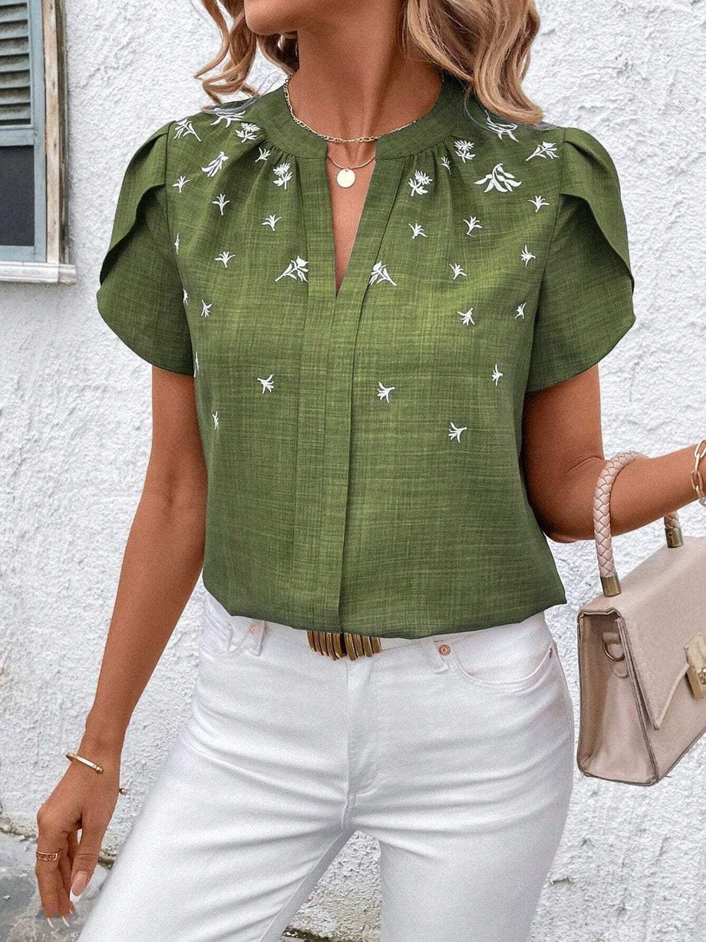 Floral Notched Short Sleeve Blouse - Trendsi - Flyclothing LLC