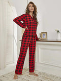 Plaid Collared Neck Long Sleeve Top and Pants Lounge Set - Trendsi - Flyclothing LLC