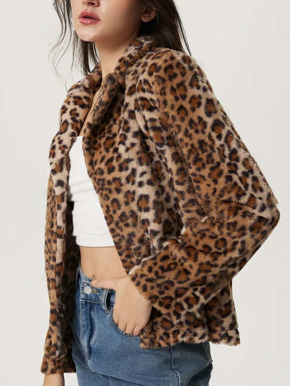 Fuzzy Leopard Collared Neck Jacket - Trendsi - Flyclothing LLC