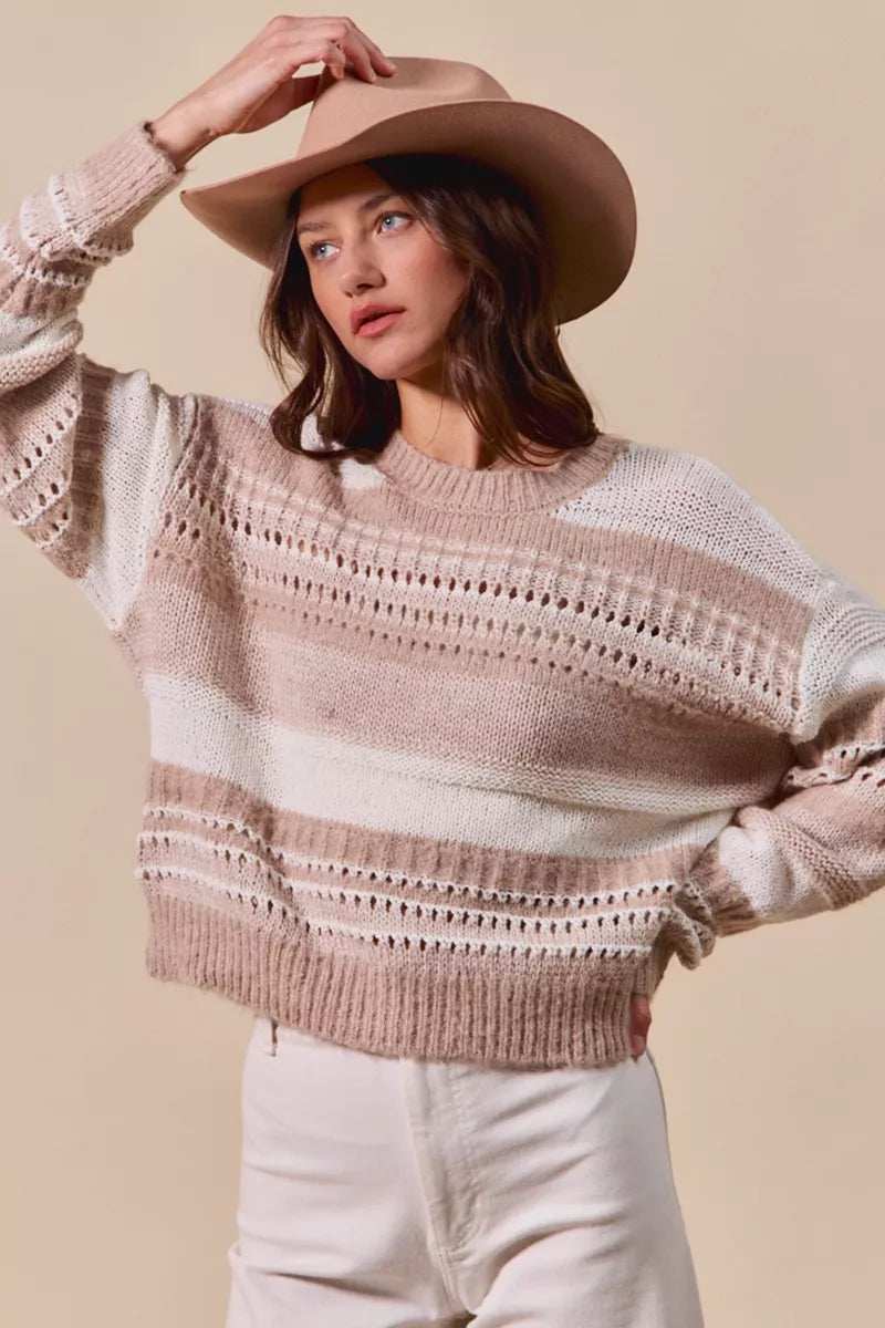 SO ME Variegated Stripe Textured Loose Fit Sweater - Trendsi - Flyclothing LLC