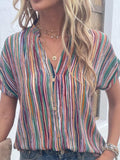 Striped Notched Short Sleeve Blouse - Trendsi - Flyclothing LLC