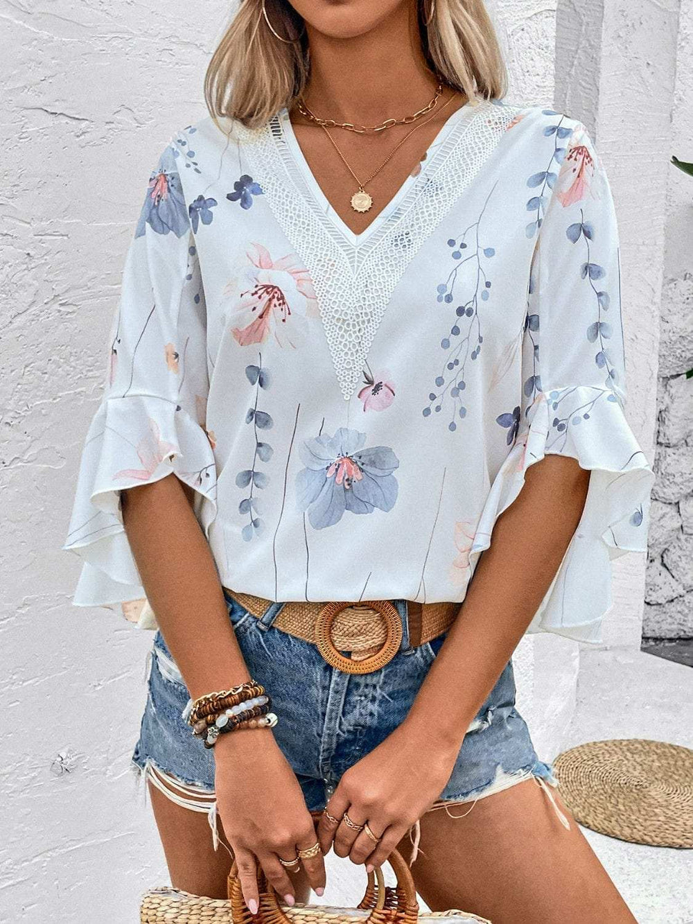 Ruffled Printed V-Neck Half Sleeve Blouse - Trendsi - Flyclothing LLC