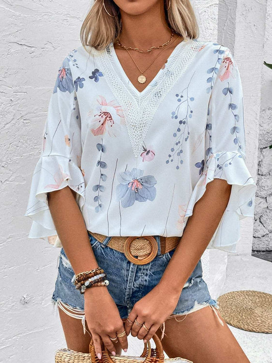 Ruffled Printed V-Neck Half Sleeve Blouse - Trendsi - Flyclothing LLC