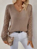 V-Neck Hollow-Out Sleeve Knit Sweater - Trendsi - Flyclothing LLC