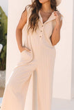 Textured Button Front Wide Leg Cap Sleeve Jumpsuit - Trendsi - Flyclothing LLC