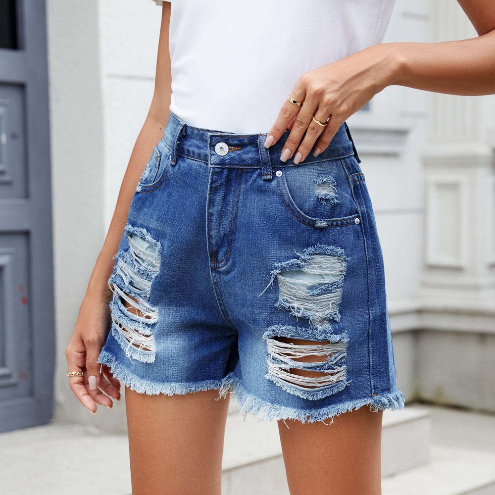 Distressed Raw Hem Denim Shorts - Trendsi - Flyclothing LLC