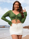 Drawstring Openwork Long Sleeve Cover-Up - Trendsi - Flyclothing LLC
