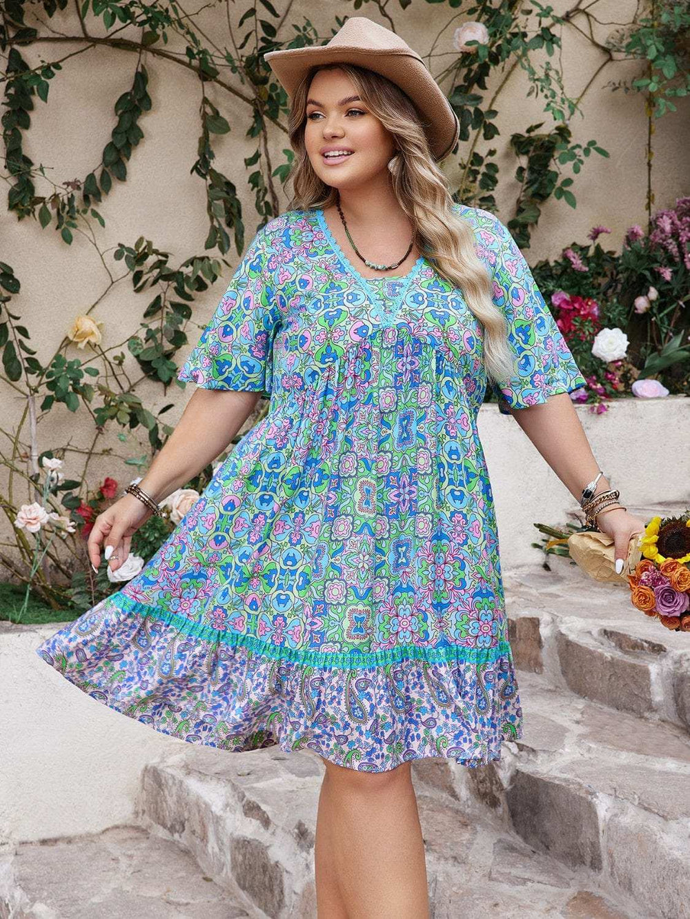 Plus Size Ruffled Hem Lace Detail Printed Half Sleeve Dress - Trendsi - Flyclothing LLC