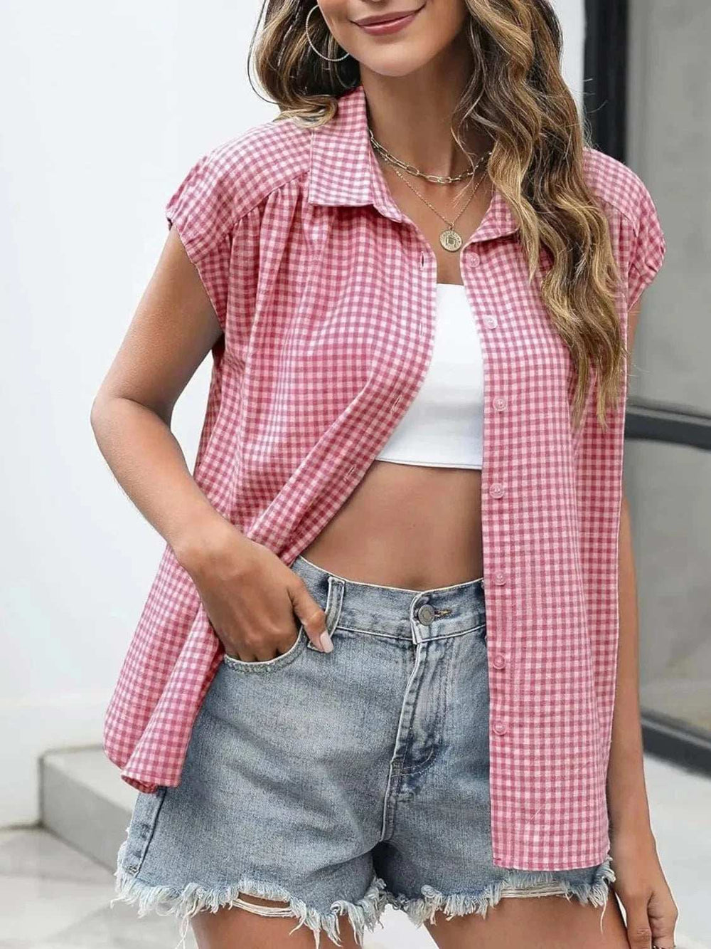 Plaid Button Up Cap Sleeve Shirt - Trendsi - Flyclothing LLC