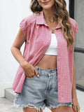 Plaid Button Up Cap Sleeve Shirt - Trendsi - Flyclothing LLC