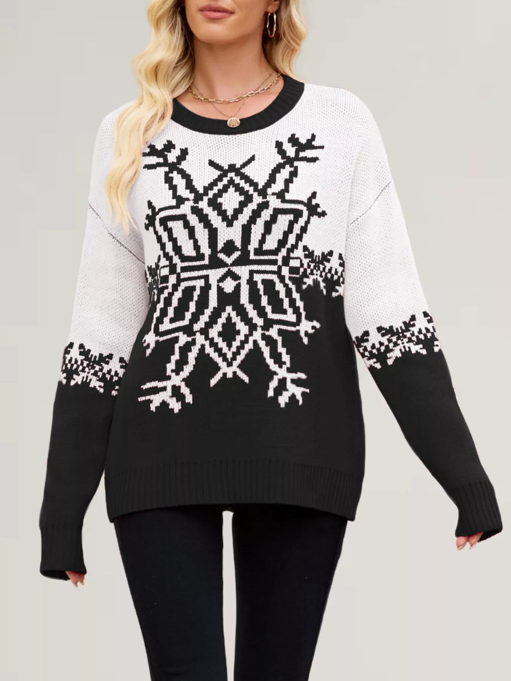 Christmas Snowflake Round Neck Sweater - Trendsi - Flyclothing LLC