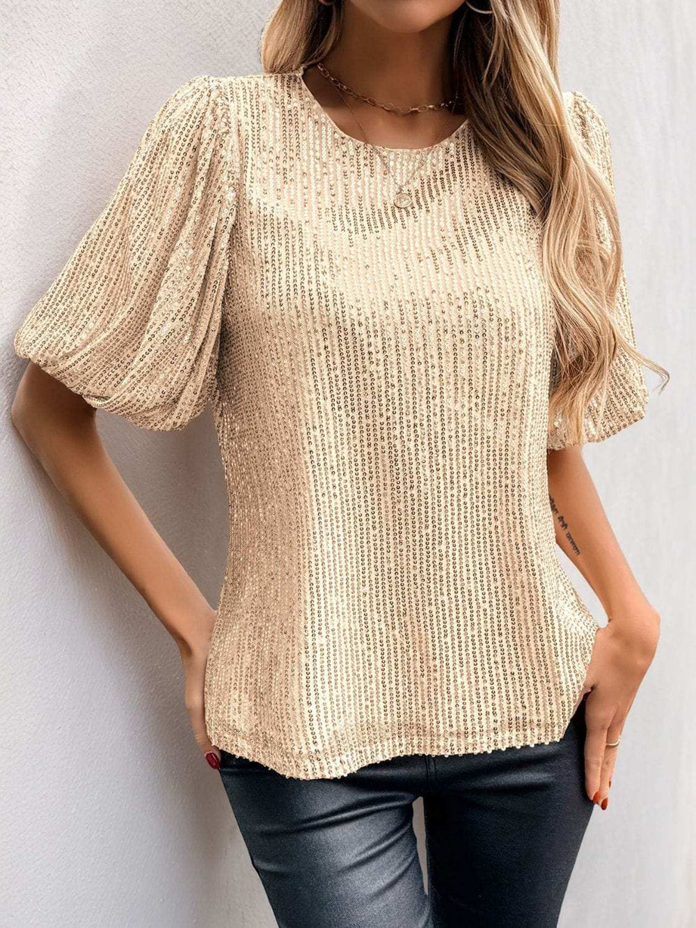 Sequin Round Neck Half Sleeve Top - Trendsi - Flyclothing LLC