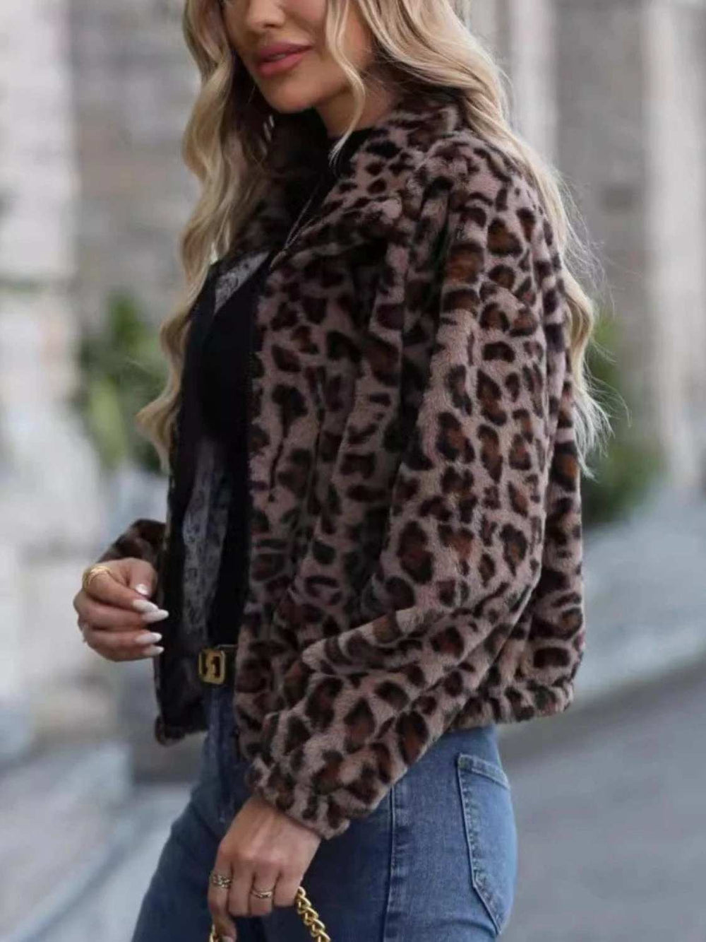 Leopard Collared Neck Zip Up Jacket - Trendsi - Flyclothing LLC