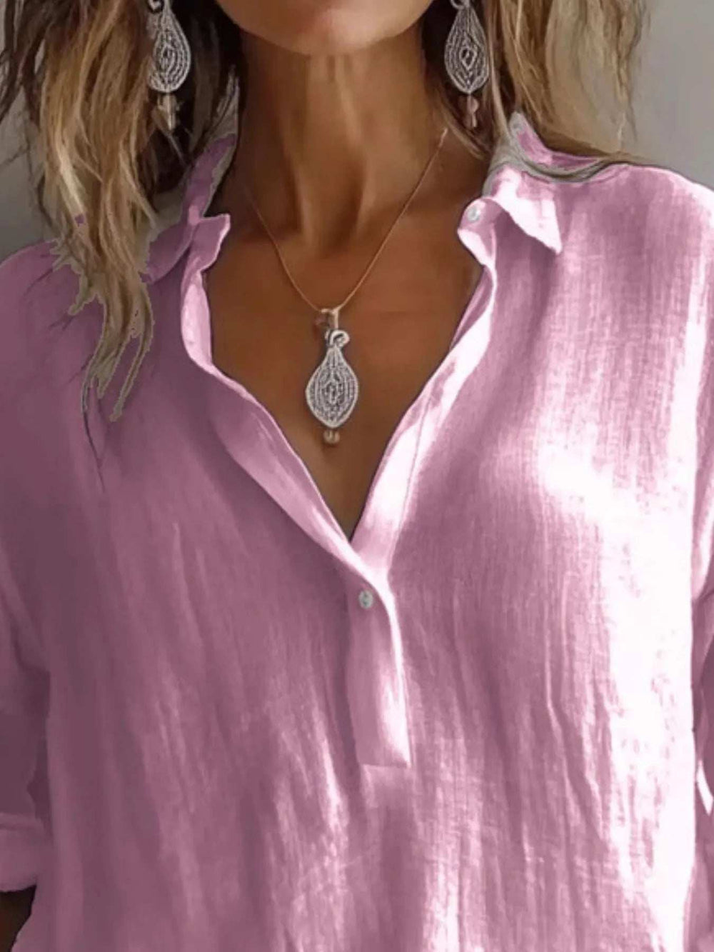 Collared Neck Long Sleeve Shirt - Trendsi - Flyclothing LLC