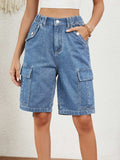 Buttoned Elastic Waist Denim Shorts with Pockets - Trendsi - Flyclothing LLC