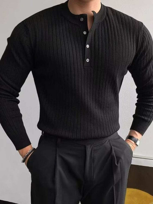 Button Detail Ribbed Long Sleeve Men's Knit Top - Trendsi - Flyclothing LLC