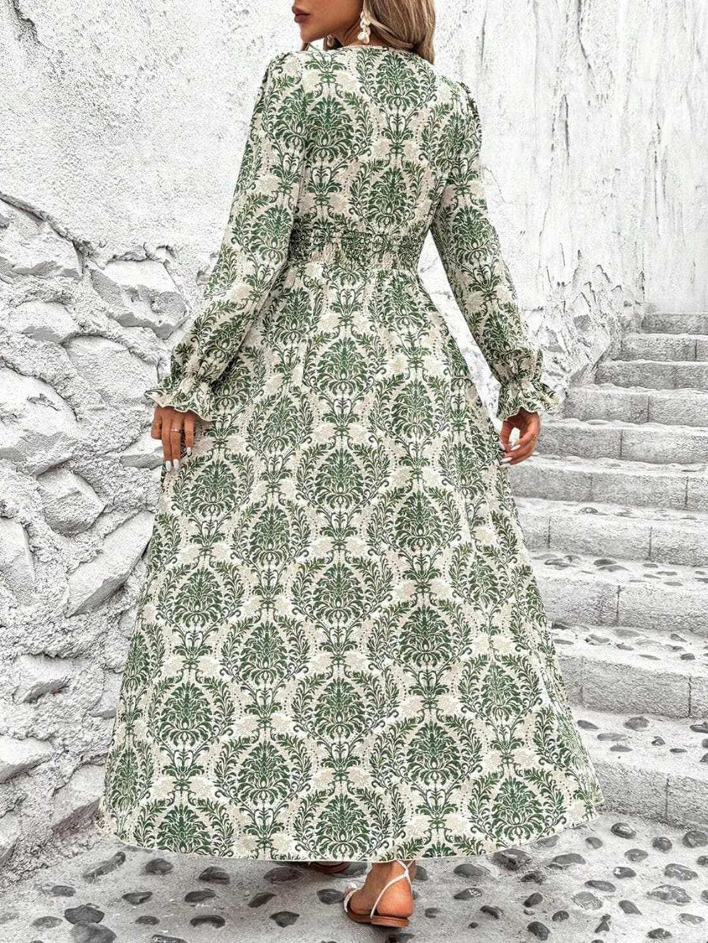 Smocked Printed V-Neck Flounce Sleeve Dress - Trendsi - Flyclothing LLC