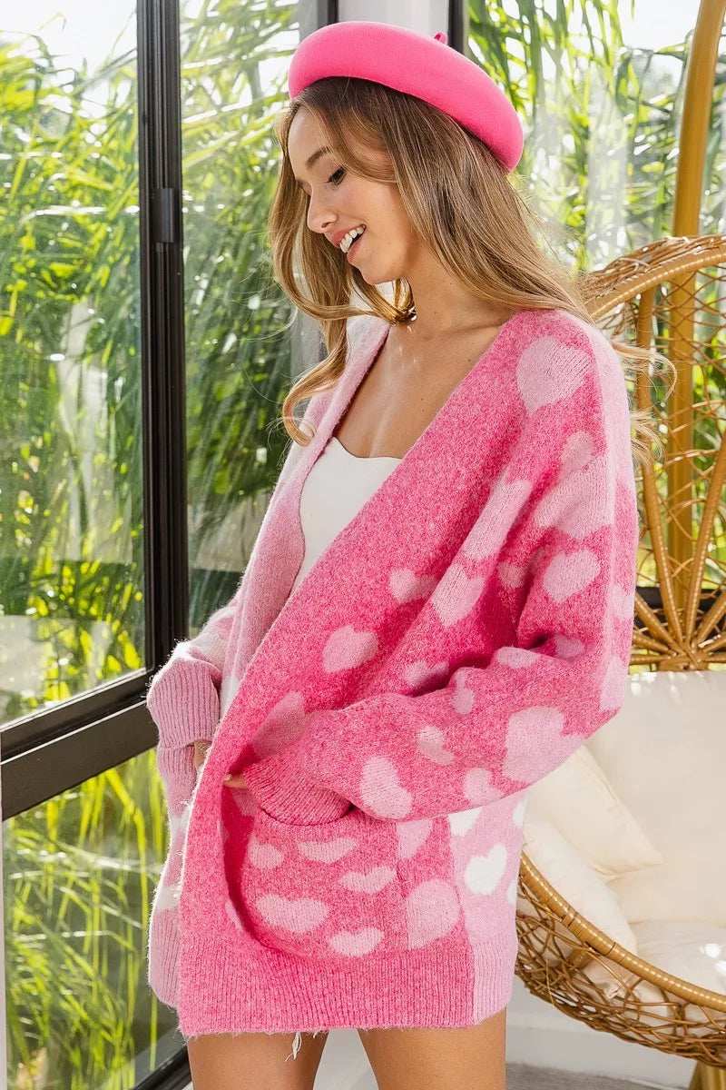 BiBi Heart Color Block V-Beck Knit Cardigan with Pockets - Trendsi - Flyclothing LLC