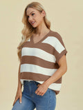 Double Take Full Size Striped V-Neck Short Sleeve Sweater - Trendsi - Flyclothing LLC
